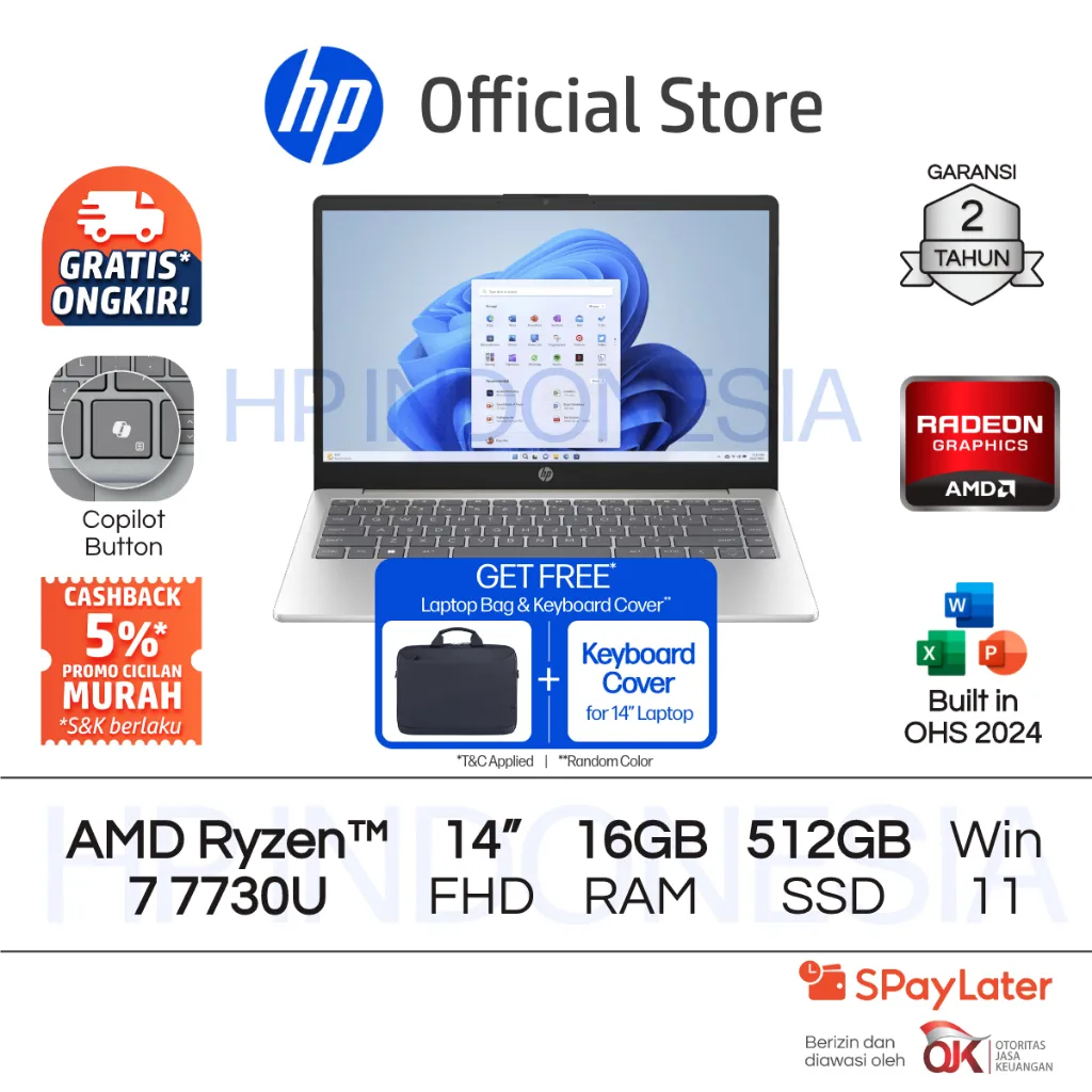 Laptop HP 14 - OmniBook 3 [NEW] - AMD Ryzen 7 Radeon 16GB RAM 512GB SSD Gold / Silver Windows 11 Home 14 Inch Garansi 2 Tahun Promo Murah Gratis Ongkir Official Non Second