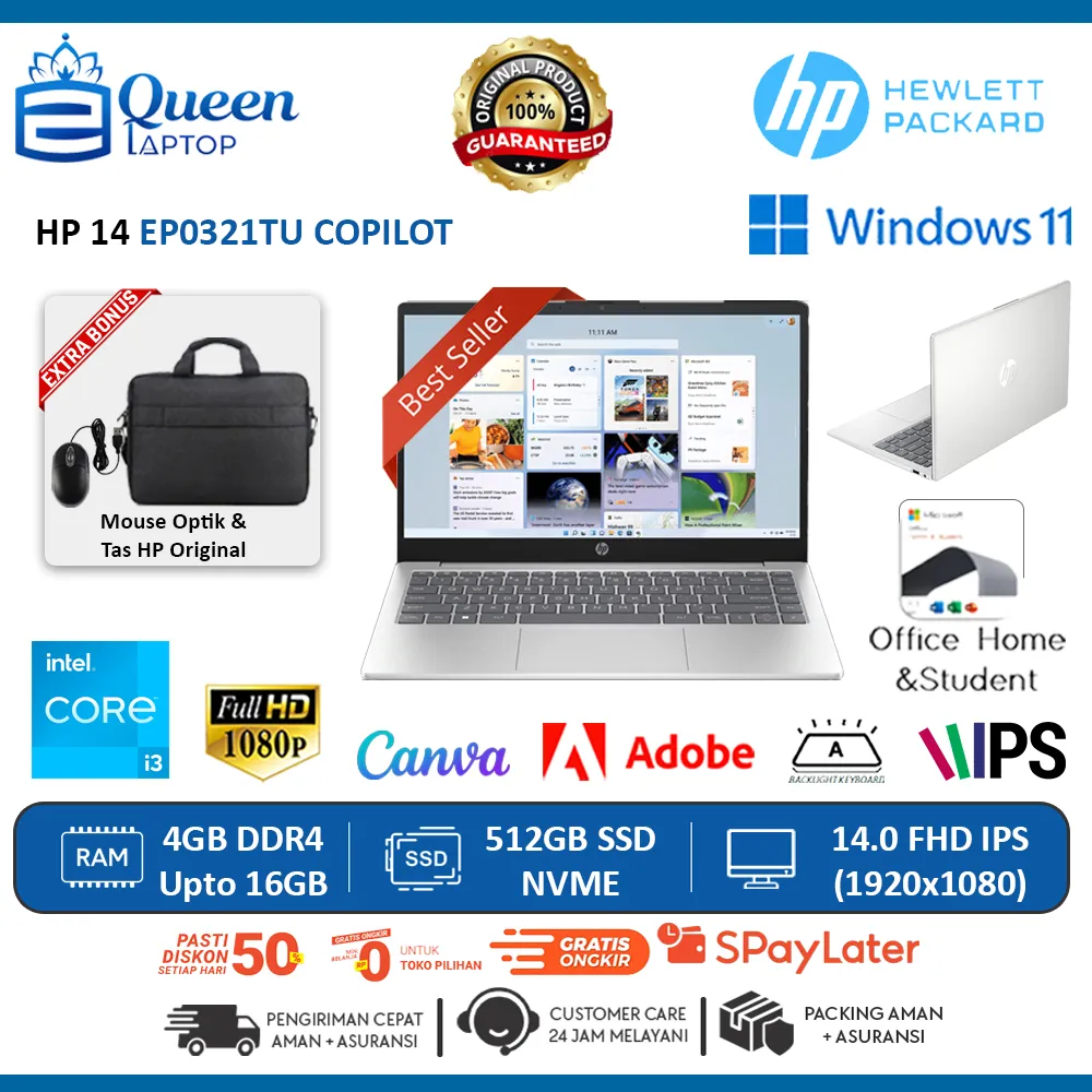 Laptop Resmi HP 14 EP0261TU | EP0321TU INTEL I3 1315U 16GB 512GB FHD BL CAM 1080P Win 11 Original