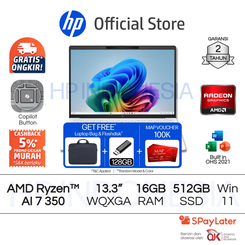 Laptop HP Pavilion Aero - OmniBook 7 Aero [NEW] AMD Ryzen AI 7 Radeon 860M 16GB RAM 512GB SSD Silver / White Free Windows 11 Home 13.3 Inch Garansi 2 Tahun Promo Murah Gratis Ongkir Official Non Second [GET MAP VOUCHER]