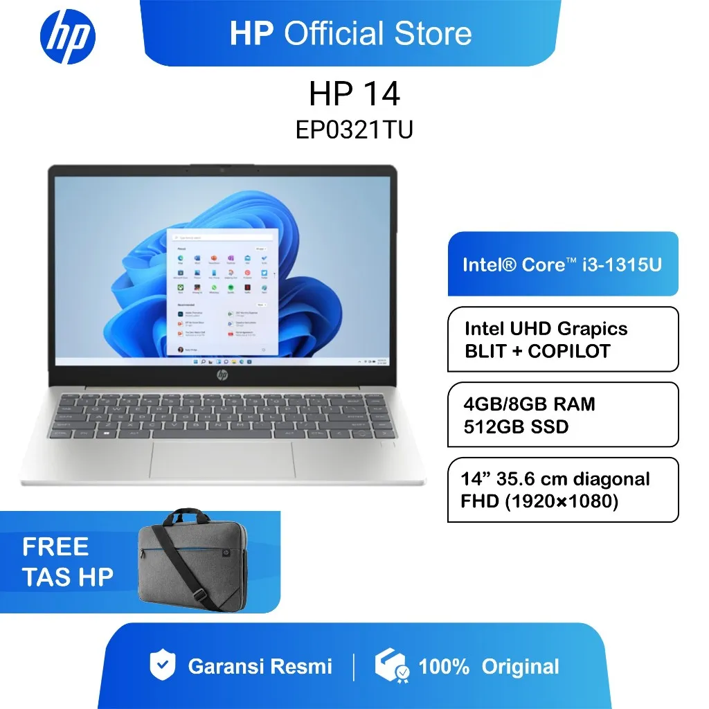 LAPTOP HP 14 EP0321TU INTEL I3 1315U 4GB / 8GB 512GB W11+OHS 14.0FHD BLIT COPILOT 1080P CAM 2Y SILVER