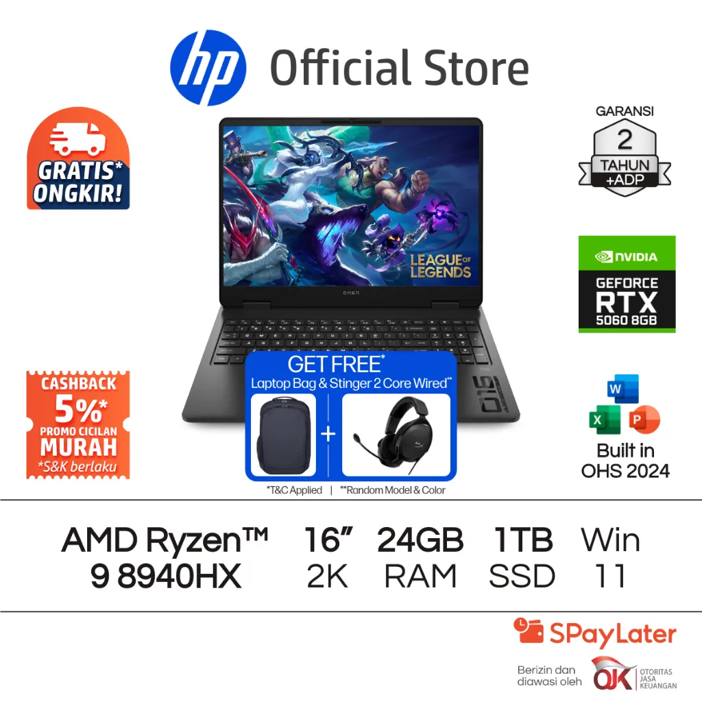 OMEN Laptop Gaming HP AMD Ryzen 9 NVIDIA GeForce RTX 5060 24GB RAM 1TB SSD Shadow Black Free Windows 11 Home 16 Inch 165Hz Garansi 2 Tahun Promo Murah Gratis Ongkir Official Non Second
