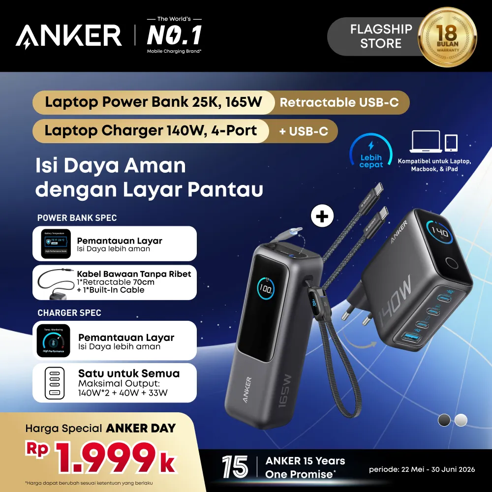 Anker Smart Display Powerbank and Adapter Set for Laptop Dell HP Lenovo MacBook Series 25,000mAh 165w Built-in Retractable Type C 140w 3-port Fast Charging PD - B2697 / A1695 / B121B / A2697