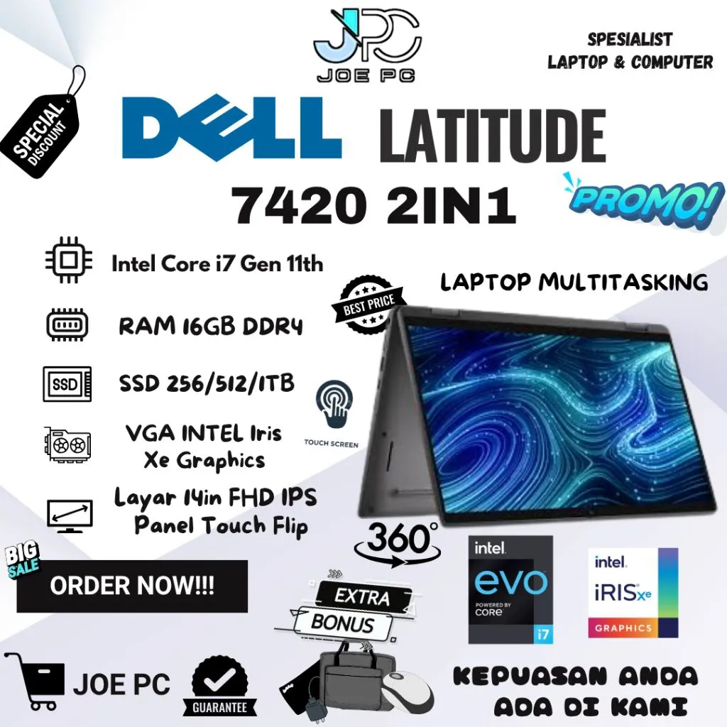 Laptop Tablet Dell Latitude 2in1 RAM 16GB SSD 1TB Layar 13inch PANEL FHD Touchscreen Tablet Mulus LikeNew Grade A Best Seller