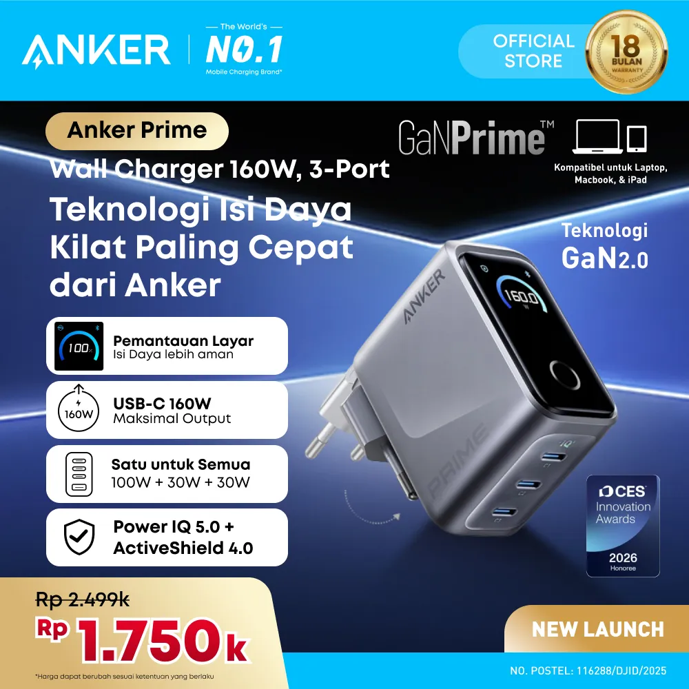 Anker Wall Charger Adaptor GAN Type C for Laptop Macbook Lenovo Dell HP 160W 140W 100W 70W 67W 65W Fast Charging PD - A121C / A121A / A2669 / A2688 / B121B / A2697 / B2697 / A2687