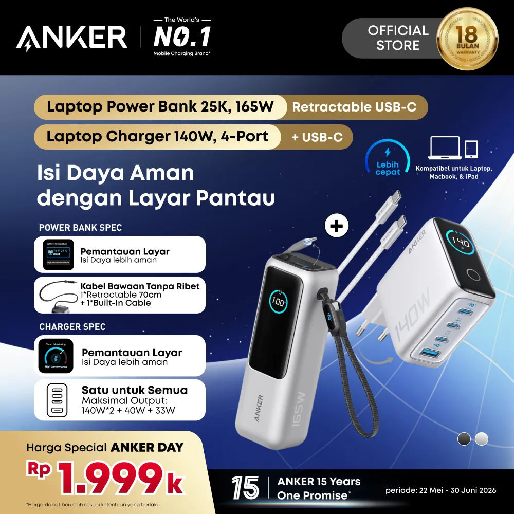 Anker Smart Display Powerbank and Adapter Set for Laptop Dell HP Lenovo MacBook Series 25,000mAh 165w Built-in Retractable Type C 140w 3-port Fast Charging PD - B2697 / A1695 / B121B / A2697
