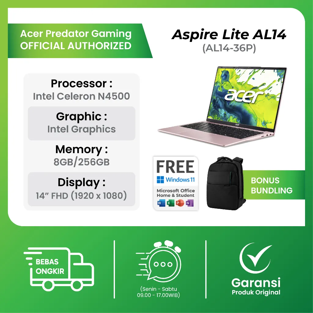 [Pink Edition] Acer Aspire Lite 14 AL14-36P-C22J Intel N4500 8GB/512GB Windows 11+Office 14.0 Inch FHD IPS