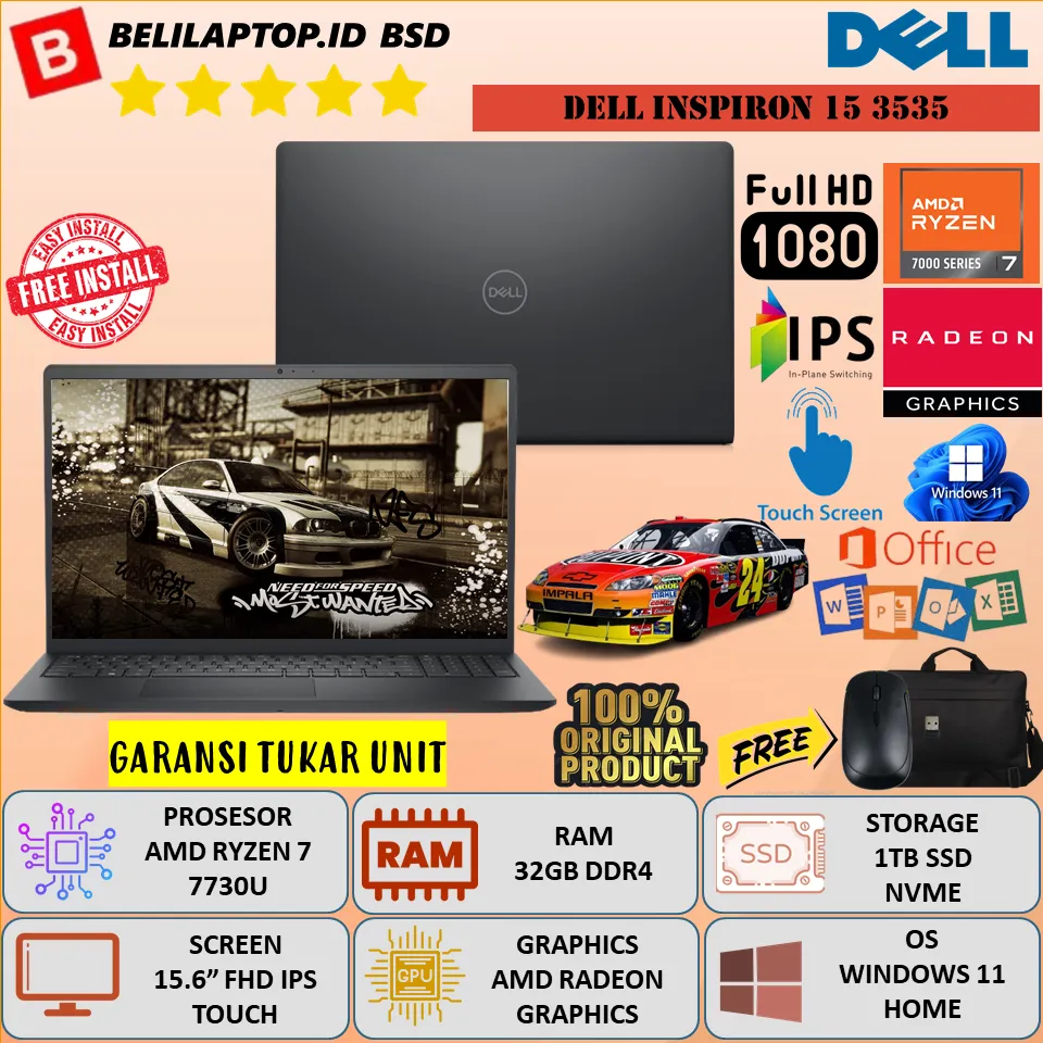 Laptop Gaming Dell Inspiron 15 3535 Ryzen 7 7730U Ram 32GB 1TB 15.6" Touch FHD IPS Windows 11 Home