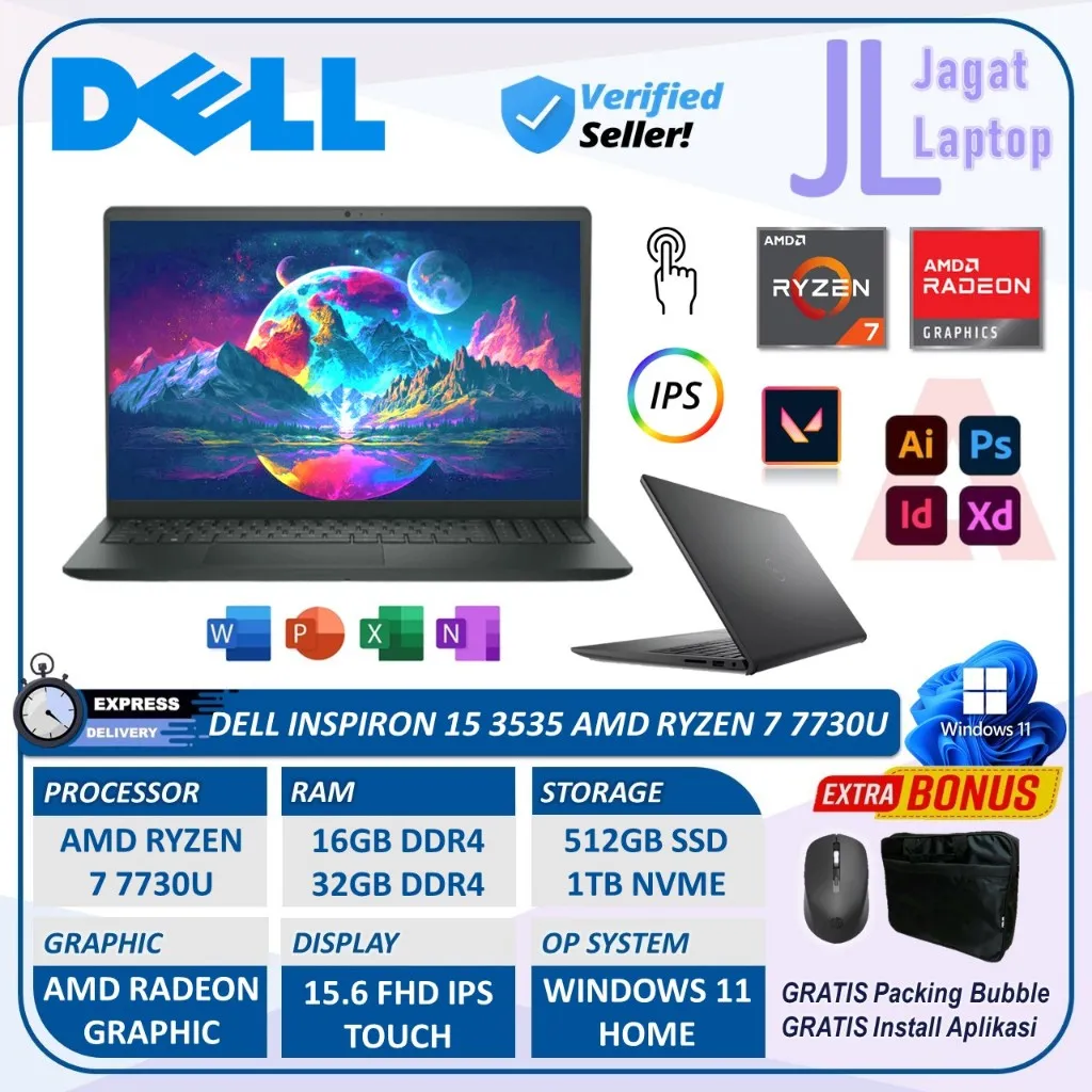 Laptop Gaming DELL INSPIRON 15 3535 Ryzen 7 7730U RAM 32GB 1TB SSD Touchscreen FHD IPS WIN 11 home