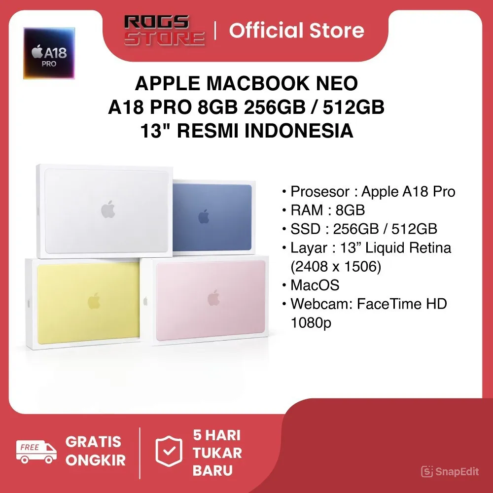 APPLE MACBOOK NEO 13 A18 PRO 6C CPU 8GB 256GB / 512GB 13" RESMI INDONESIA