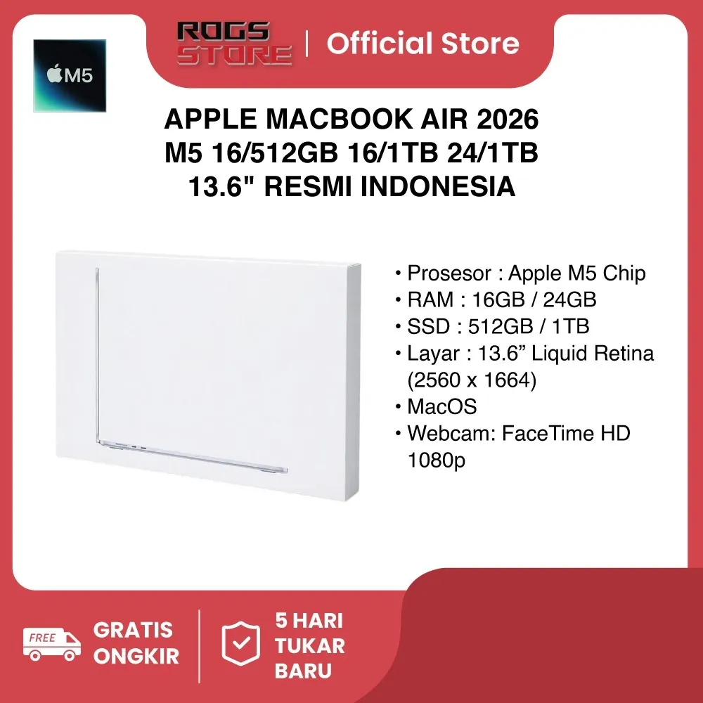 APPLE MacBook Air M5 2026 13-Inch 16/512GB 16/1TB 24/1TB GPU 8Core/10Core Resmi IBOX GDN Digimap