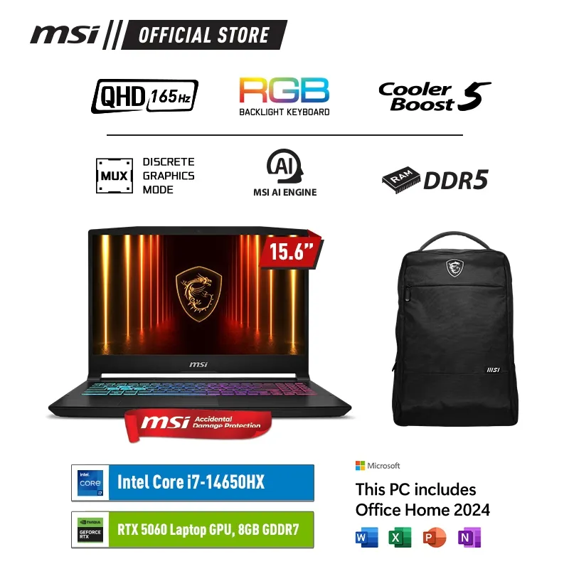 MSI KATANA 15 HX B14WFK CORE i7-14650HX RTX5060 - 16GB 512GB W11+OHS 15.6QHD 165HZ 100DCIP3 4ZRGB 2Y+ADP