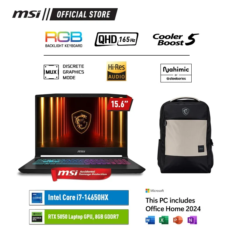 MSI KATANA 15 HX B14WEK CORE I7-14650HX RTX5050 - 16GB 512GB W11+OHS 15.6QHD 165HZ 100DCIP3 4ZRGB