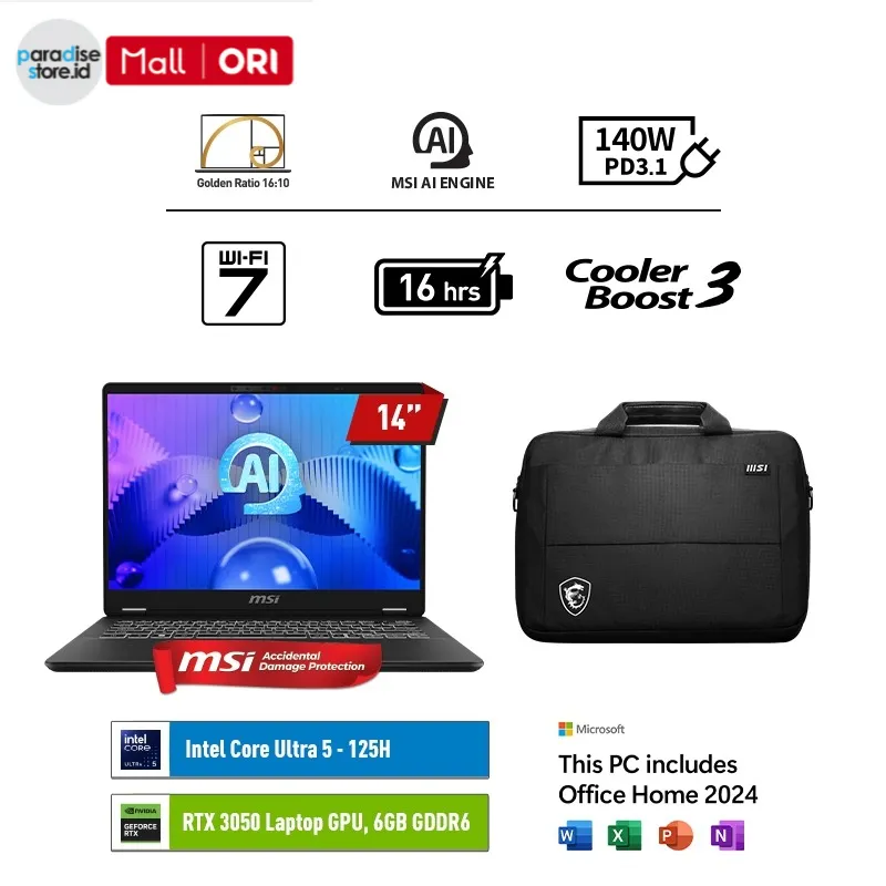 MSI Prestige 14 AI Studio C1UDXG Intel Core™ Ultra 5 125H 1TB SSD 16GB 14 Inch FHD RTX 3050 6GB Win11 + Office Home 2024