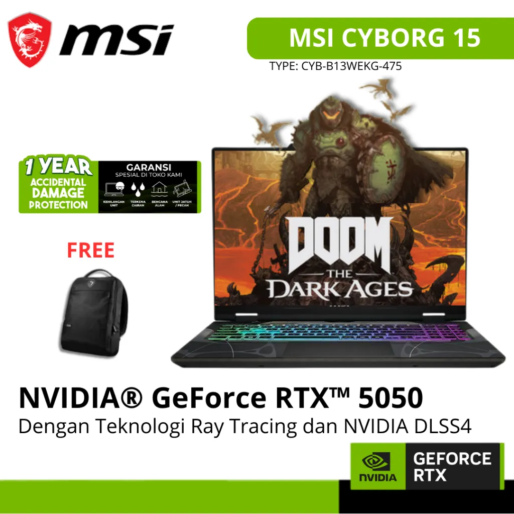 MSI Cyborg 15 GeForce RTX5050 8GB – Intel i5 13420H RAM 16GB SSD 512GB Windows 11 + Office Layar 15.6" FHD 144Hz 4-Zone RGB Keyboard 2Y + ADP Black (BLK) – B13WEKG.475