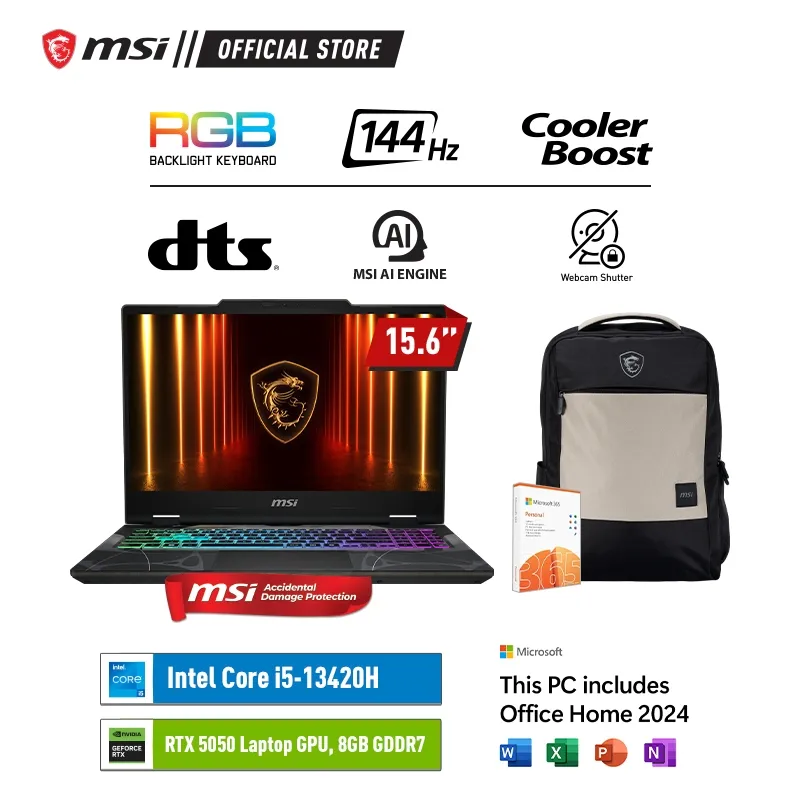 MSI CYBORG 15 CORE I5-13420H RTX5050 - 16GB 512GB W11+OHS 15.6FHD 144HZ 4ZRGB 2Y+ADP