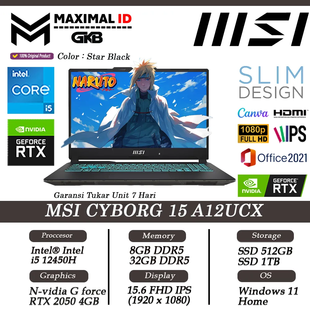 Laptop MSI Cyborg 15 A12UCX Gaming RTX2050 Intel i5 12450H RAM 32GB 1TB SSD 15.6 FHD IPS 144Hz Win11