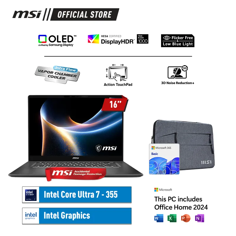 MSI Prestige 16 AI+ Core Ultra 7-355 32GB 1TB W11+OHS+M365B 16.0 2.8k OLED 120HZ