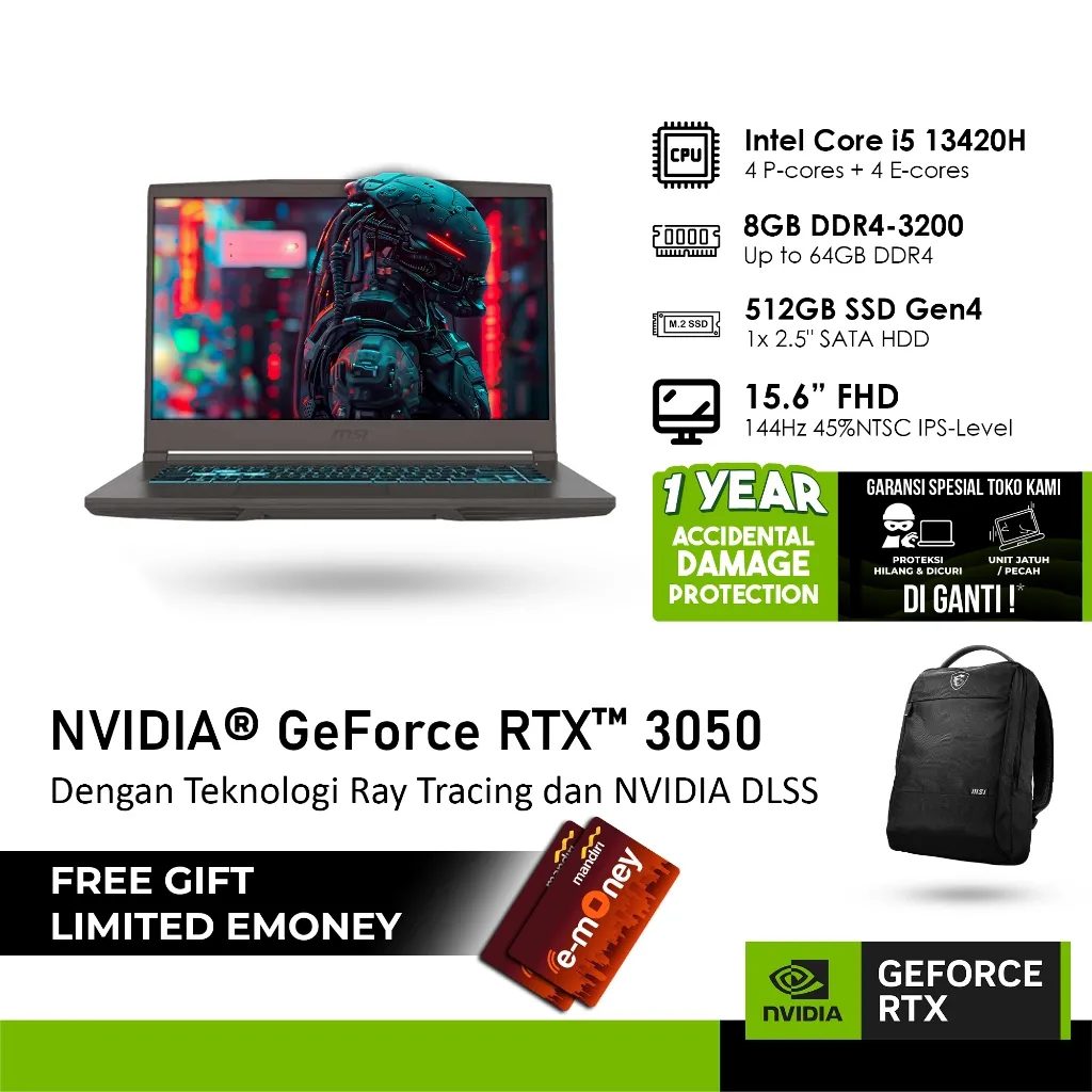 MSI THIN 15 B13UC-3449 GeForce RTX™ 3050 4GB - i5 13420H 8GB 512GB WINDOWS 11 15.6FHD 144HZ BLIT