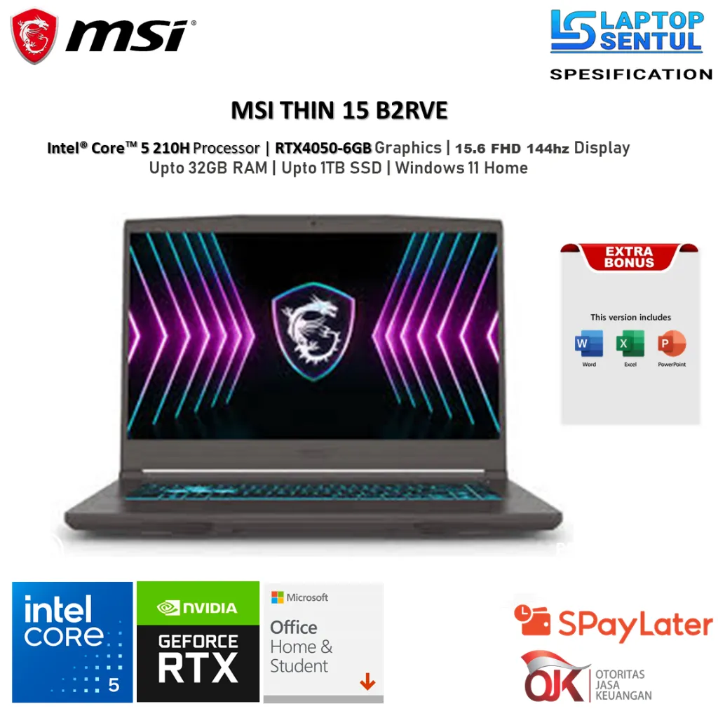 MSI THIN 15 B2RVE Intel Core 5 210H 32GB 2TB SSD RTX4050 6GB 15.6 FHD IPS 144Hz Windows 11 Home Grey
