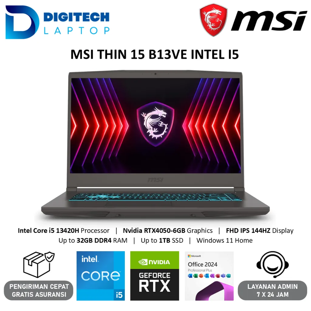 MSI THIN 15 B13VE Intel Core i5 13420H 32GB 1TB SSD RTX4050-6GB 15.6 FHD IPS 144Hz Windows 11 Grey