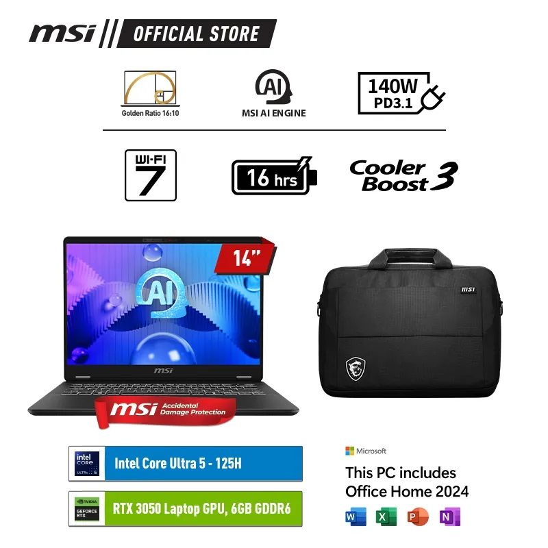 MSI Prestige 14 AI Studio C1UDXG Ultra 5-125H RTX3050 - 16GB 1TB W11+OHS 14.0 WUXGA 144HZ 100SRGB