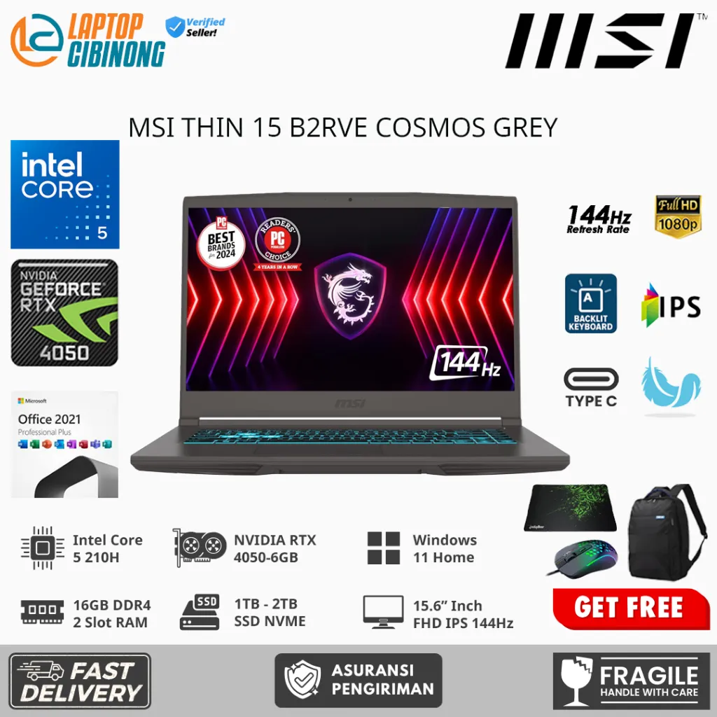 Laptop Gaming Murah MSI THIN 15 B2RVE INTEL 5 210H NVIDIA RTX4050-6GB 32GB RAM 2TB SSD 15.6 FHD