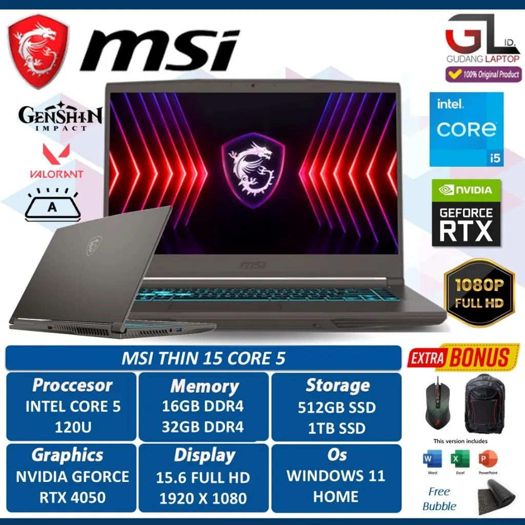 Laptop Gaming MSi Thin 15 Intel Core i5 Gen 14 RAM 32GB 1TB RTX4050 6GB 15.6FHD IPS 144Hz Windows 11