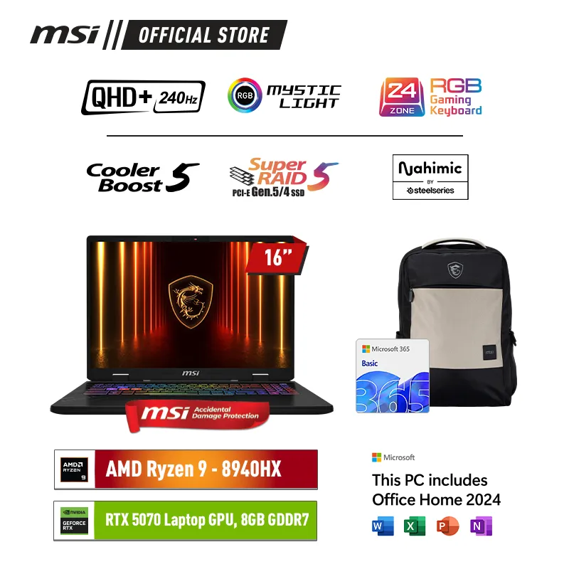 MSI Crosshair A16 HX Ryzen 9-8940HX RTX5070 - 16GB 512 W11+OHS 16QHD+ 100DCIP 240HZ