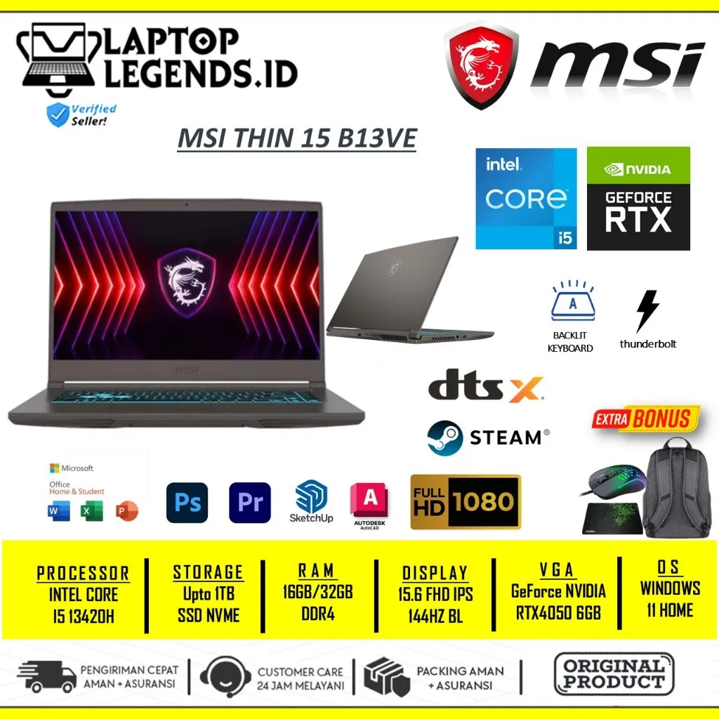 MSI Thin 15 B13VE INTEL I5 13420H 16GB 1TB SSD GeForce RTX4050 4GB FHD PS 144Hz Backlight Windows 11 Home