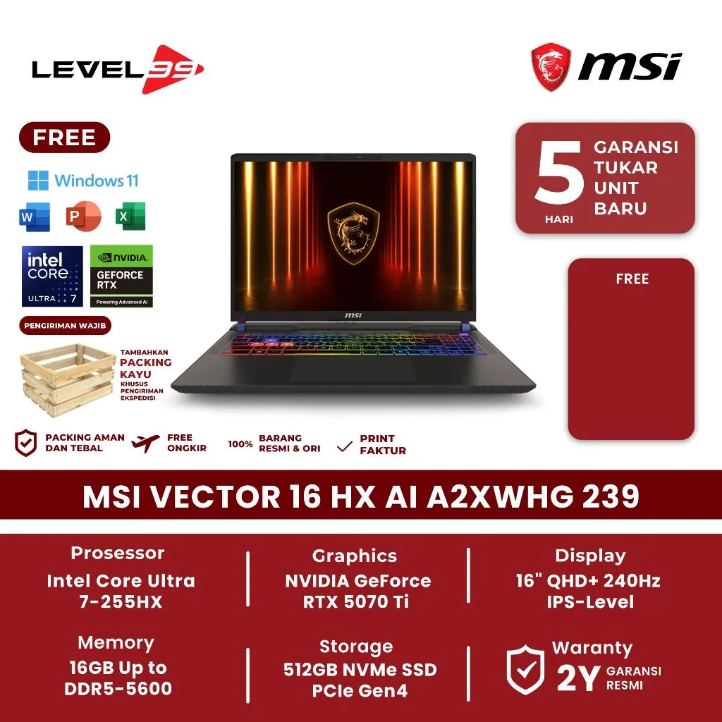 MSI VECTOR 16 HX AI A2XWHG 239 | ULTRA 7 255HX 16GB 512GB SSD RTX5070TI 16" QHD+ 240HZ W11+OHS
