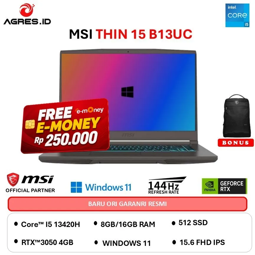 [DAILY GAMING] MSI THIN 15 CORE I5 13420H RTX3050 4GB - RAM 16GB 512GB WINDOWS 11 15.6FHD 144Hz -B13UC.3449