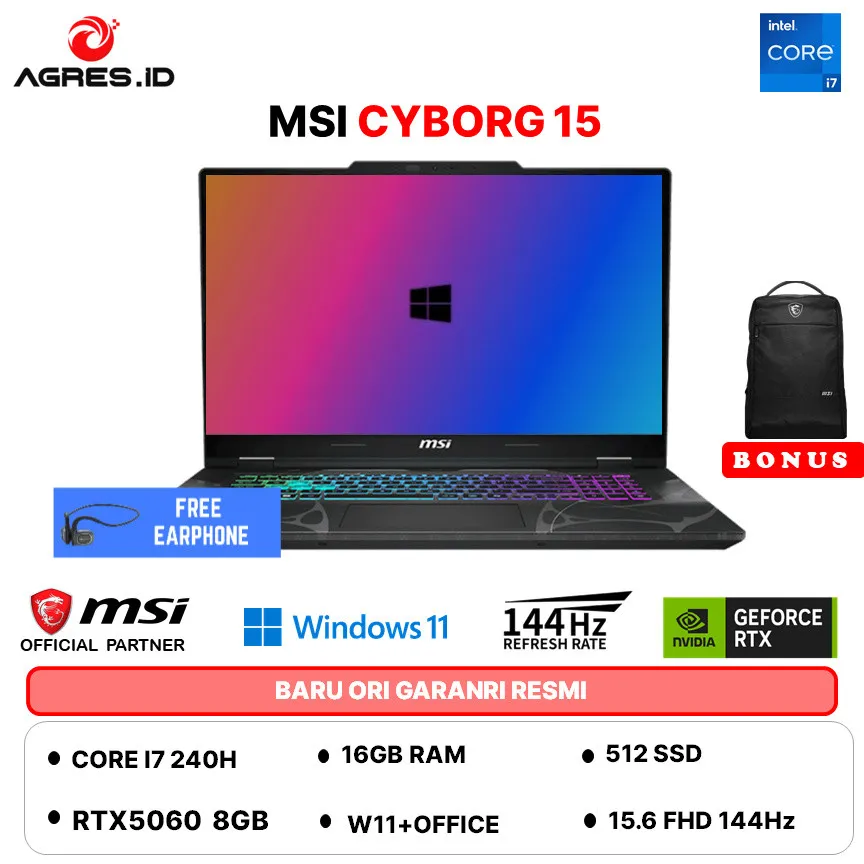 MSI CYBORG 15 CORE I7 240H RTX5060 8GB/ 16GB 512GB W11+OHS 15.6FHD 144HZ 4ZRGB BLK