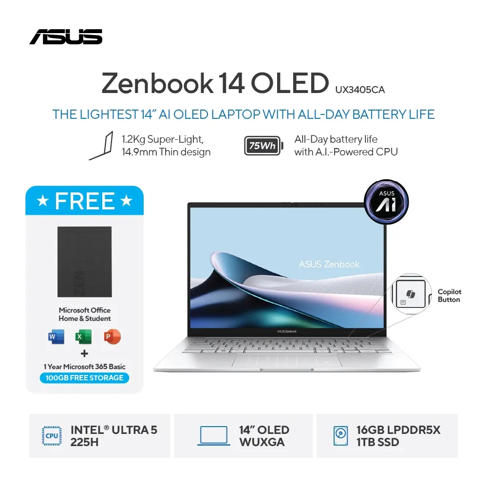 (FREE MOUSE) ASUS Zenbook 14 OLED UX3405CA-OLED5112TM - Foggy Silver [Intel Core Ultra 5 / Intel Arc Graphics / 16GB / 1TB / 14inch / WIN11 / OHS / M365]