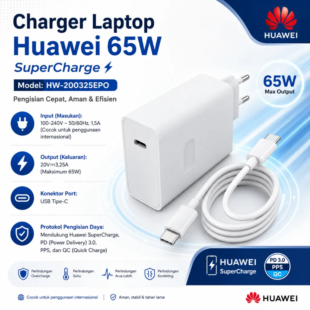 Charger Huawei 65W USB Type C untuk MateBook / Laptop | Original