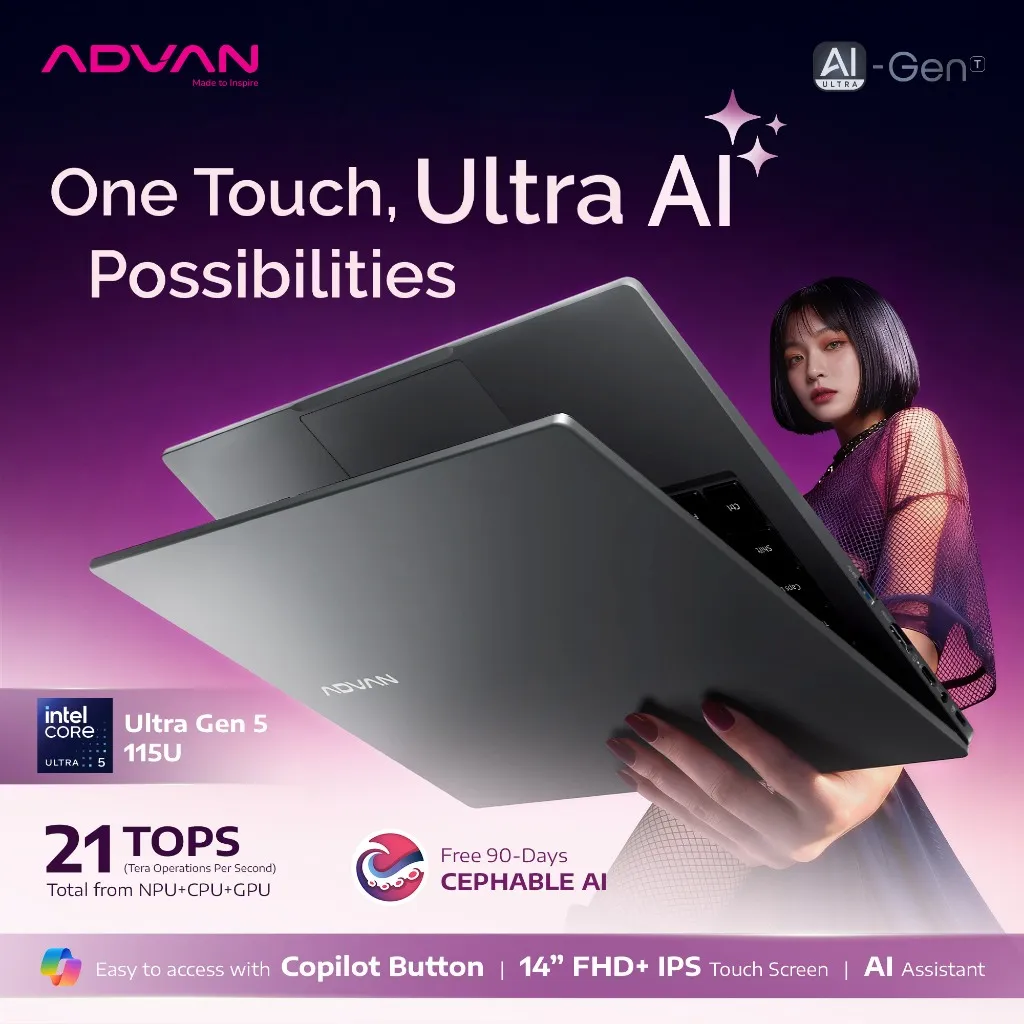 [NEW LAUNCH] ADVAN AI Gen Ultra T | AI Laptop Intel Core Ultra 5 | 14” 16:10 Touchscreen | 16GB RAM | SSD Upgradable | Garansi 2 Tahun