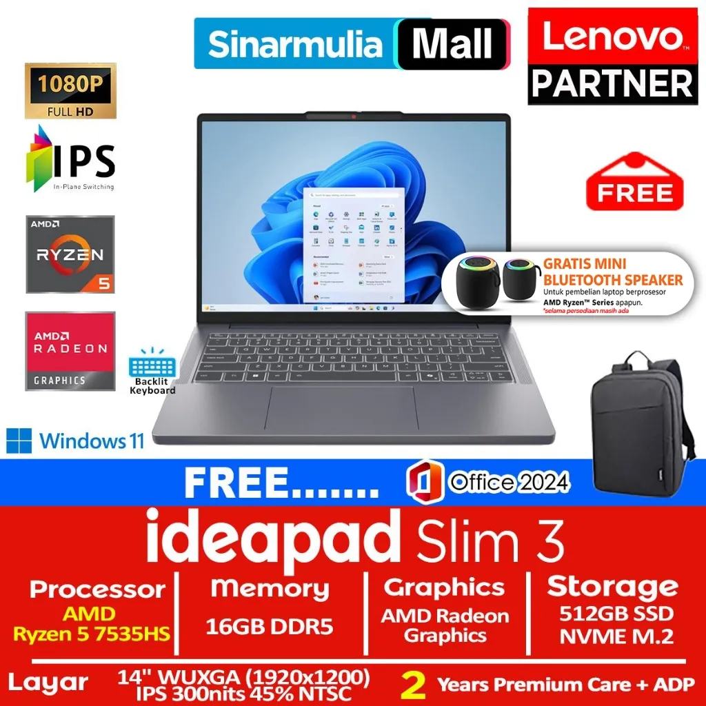 Lenovo Ideapad Slim 3 Ryzen 5 7535HS 512GB SSD 16GB WUXGA IPS Win11+OHS