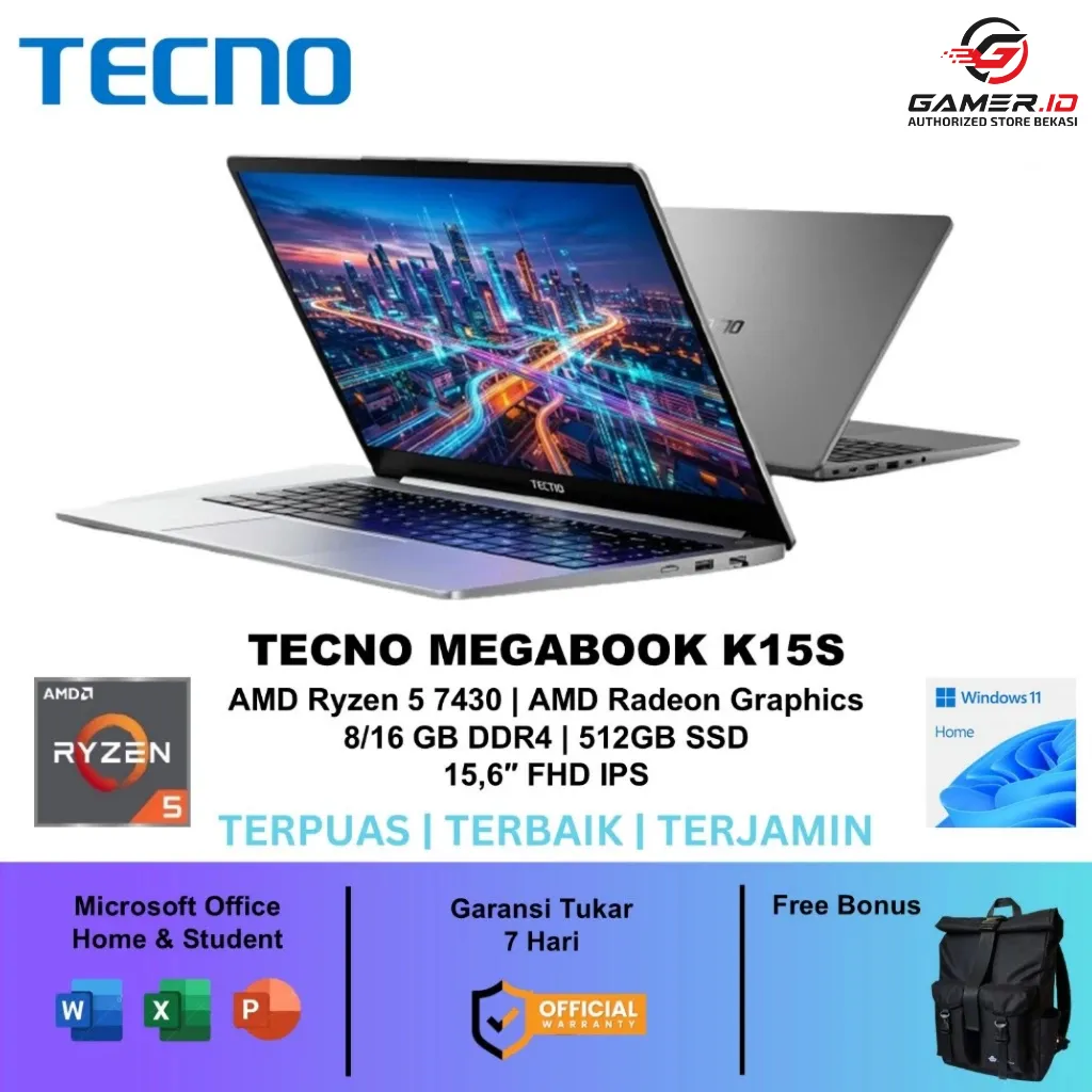 TECNO MEGABOOK K15S RYZEN 5 7430 16GB 512GB W11 15.6 FHD IPS GARANSI RESMI 2 TAHUN