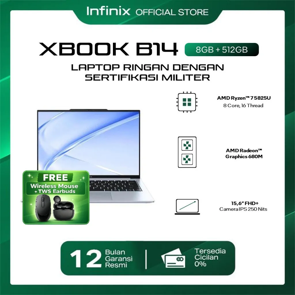 BEST SELLER LAPTOP INFINIX XBOOK B14 RYZEN 7 5825U RAM 8GB 512GB W11 14.0WUXGA IPS SILVER