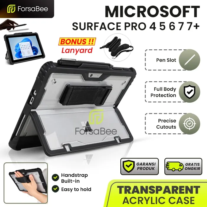 FORSABEE - ( BONUS TALI SELEMPANG ) Strap Case untuk Microsoft Surface Pro 4 5 6 7 7+ Plus 12.3 Inch Inci Armor Hard Soft Casing Cover Sarung Kesing Hardcase Akrilik Acrylic Transparan Handstrap Tablet Laptop