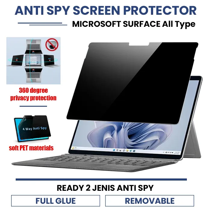 ANTI SPY 4 SISI untuk Microsoft Surface Pro 12 2025 Go 1 2 3 4 Pro 4 5 6 7 7+ Plus 8 9 10 11 10.5 12.3 13 Inch Privasi Anti Gores Spy Screen guard Protector Pelindung Layar Tablet Privacy Screenguard Gelap Tablet Laptop