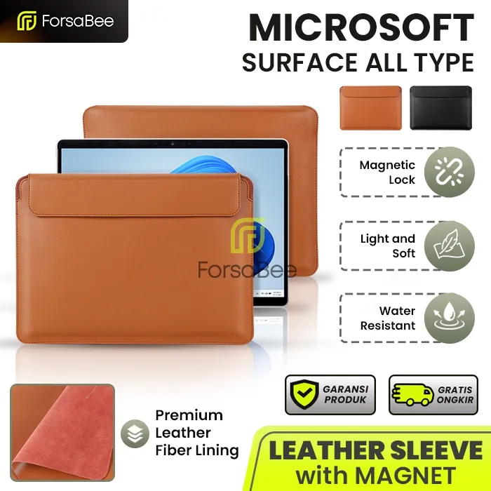 FORSABEE - Leather Sleeve untuk Microsoft Surface Pro 12 11 10 9 8 7 6 5 4 3 Go 1 2 Tablet Laptop 10.5 12 12.3 13 Inch Inci Tas Bag Sarung Pouch Kulit Soft Case Casing Cover Magnetic Premium