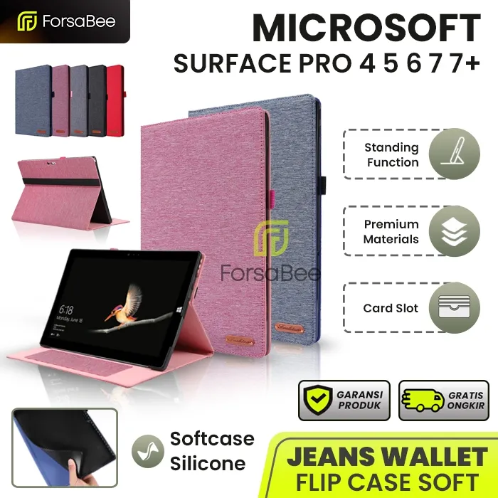 FORSABEE - ( Dengan Card Holder ) Slim Cover untuk Microsoft Surface Pro 4 5 6 7 7+ Plus Tablet Laptop 12.3 Inch Premium Soft Flip Book Case Casing Sarung Kesing Flipcase Flipcover Bookcover Softcase