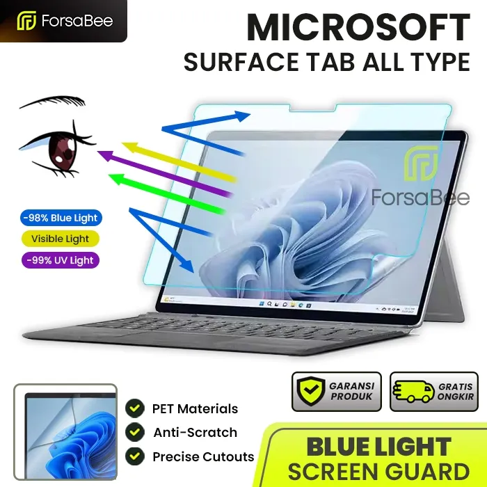 FORSABEE - Anti Gores Radiasi untuk Microsoft Surface Go 1 2 3 4 Pro 4 5 6 7 7+ Plus 8 9 10 11 Tablet Laptop 10.5 12.3 13 Inch Inci Antigores Screen Guard Protector Blue Ray Light Pelindung Layar Blueray