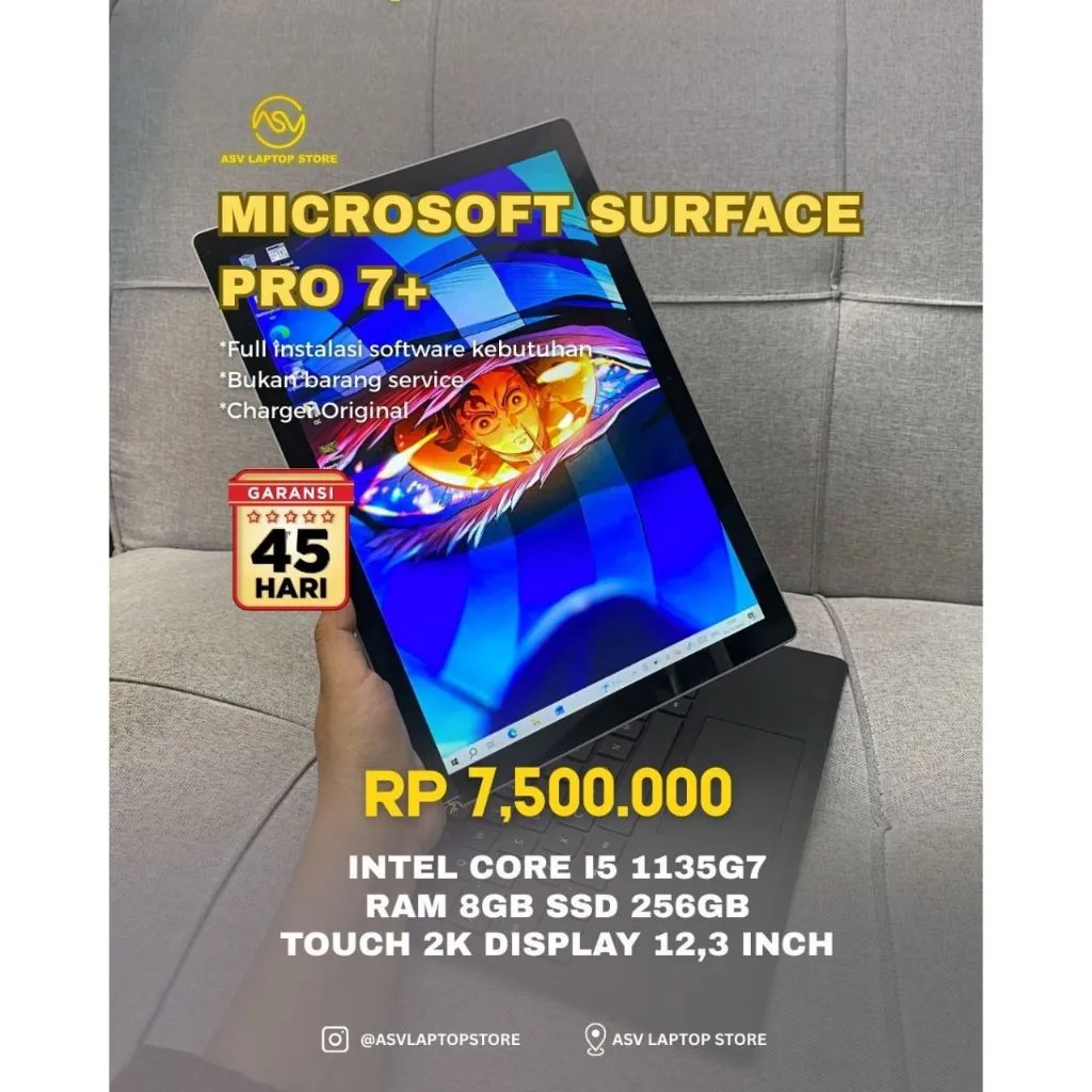 MICROSOFT SURFACE PRO 7+ 7 PLUS CORE I5 1135G7 RAM 8GB SSD 256 LAYAR 2K TOUHSCREEN LAPTOP 2 IN 1 TABLET FLEXIBLE RINGAN ORIGINAL