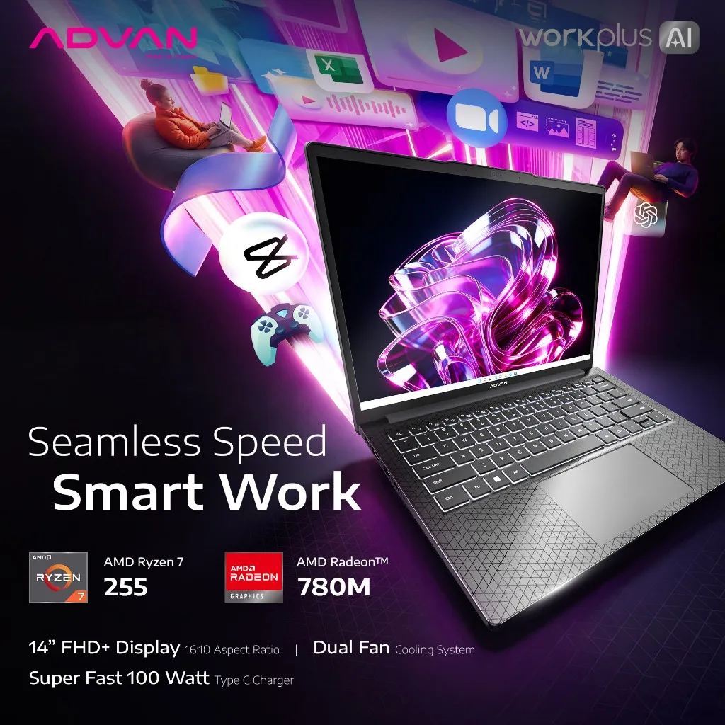 ADVAN Laptop Workplus AI  Ryzen 7 255 | 8GB + 512GB | Super Fast 100W | 14 Inch IPS FHD+ 16:10 Ratio | Windows 11 | Garansi Resmi 2 Tahun