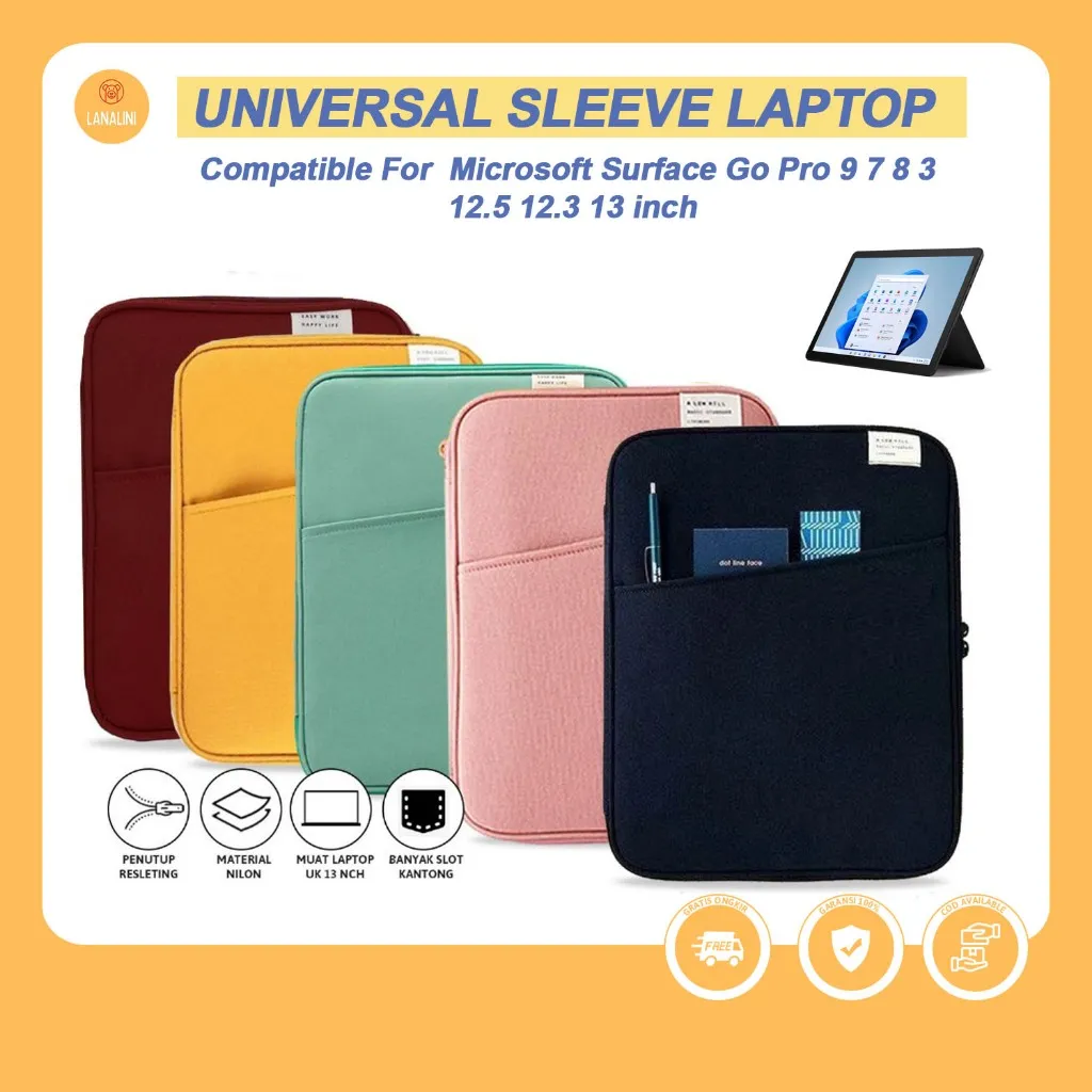 Sleeve Pouch Microsoft Surface Pro 4 5 6 7 7+ 8 9 Polos Tas Laptop Tab iPad Tablet Huawei MatePad 12X 12 X 2024 T10 T8 10.1 10.4 11 12 13 inch Case Cover Soft Pillow Bag Casing Pelindung Clutch Polos Compartment Bag Warna Pink Biru Navy Mustard Merah