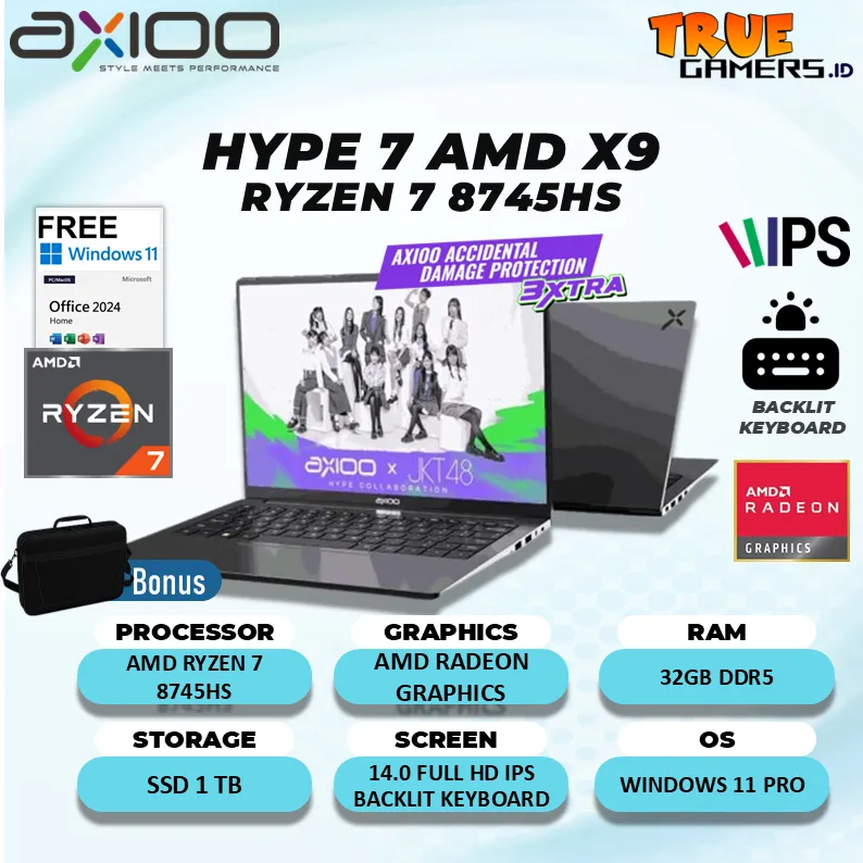 Laptop AXIOO Hype 7 AMD X9 Ryzen 7-8745HS RAM 32GB SSD 1TB Windows 11 + Office Home 14.0"FHD IPS