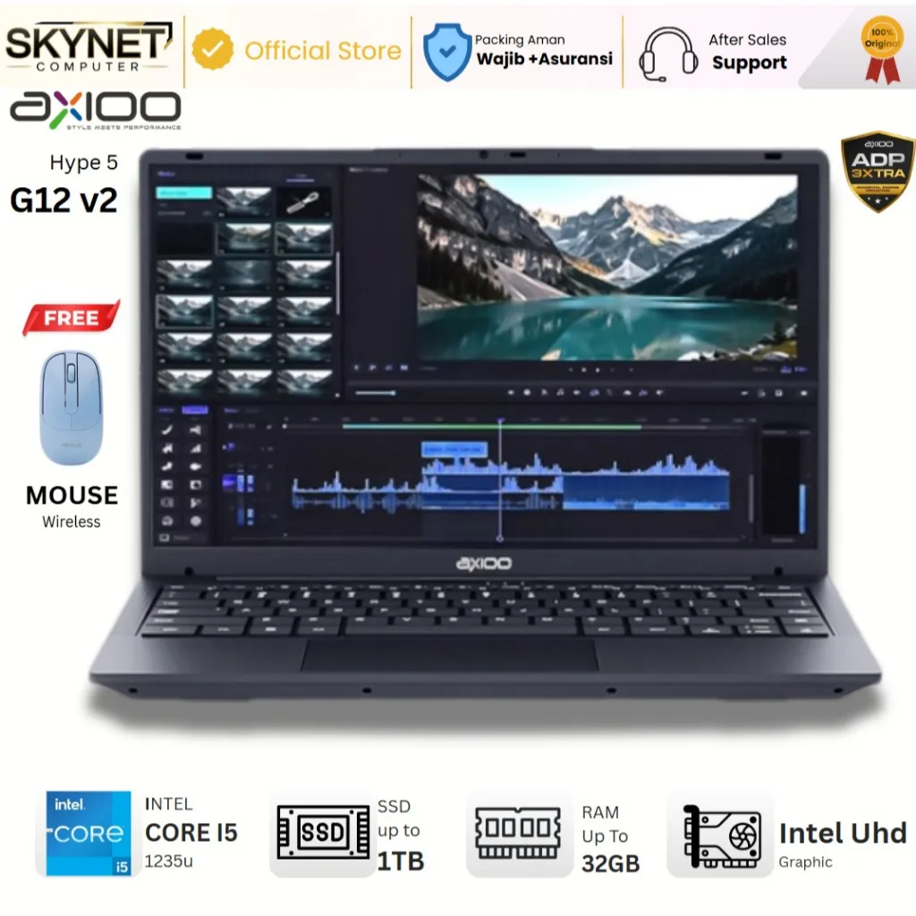 AXIOO Mybook Hype 5 G12 V2 Intel Core i5 1235U RAM32GB SSD1TB 14'' Fhd Ips Windows 11 Pro[FREE MOUSE WIRELESS]- Laptop Kerja Sekolah Kuliah Editing