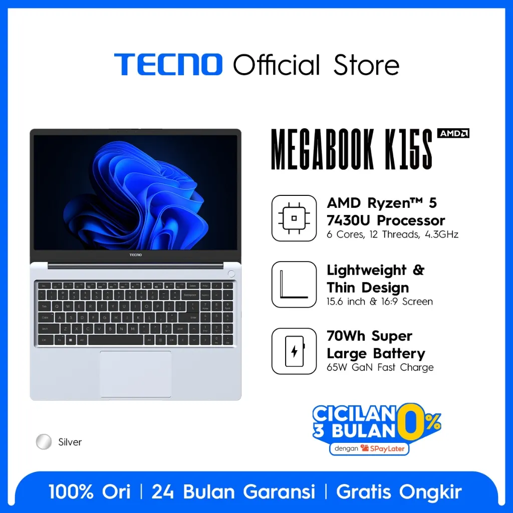 TECNO MEGABOOK K15S – 8+512GB, AMD Ryzen 5 – 7430U Processor, 70Wh Battery up to 17.5hours, 65Watt GaN Fast Charging, 15.6inch , Garansi 24 Bulan