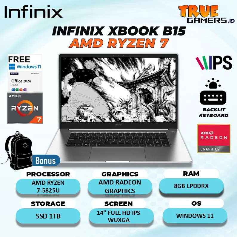 Laptop Infinix XBOOK B15 AMD Ryzen 7-5825U RAM 8GB SSD 1TB Windows 11+Office 14.0WUXGA Full HD IPS